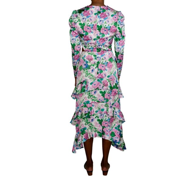 Wayf Pink Floral Print on White Satin Long Sleeve Dress with Side Cut Outs - NWT - Picture 4 of 12